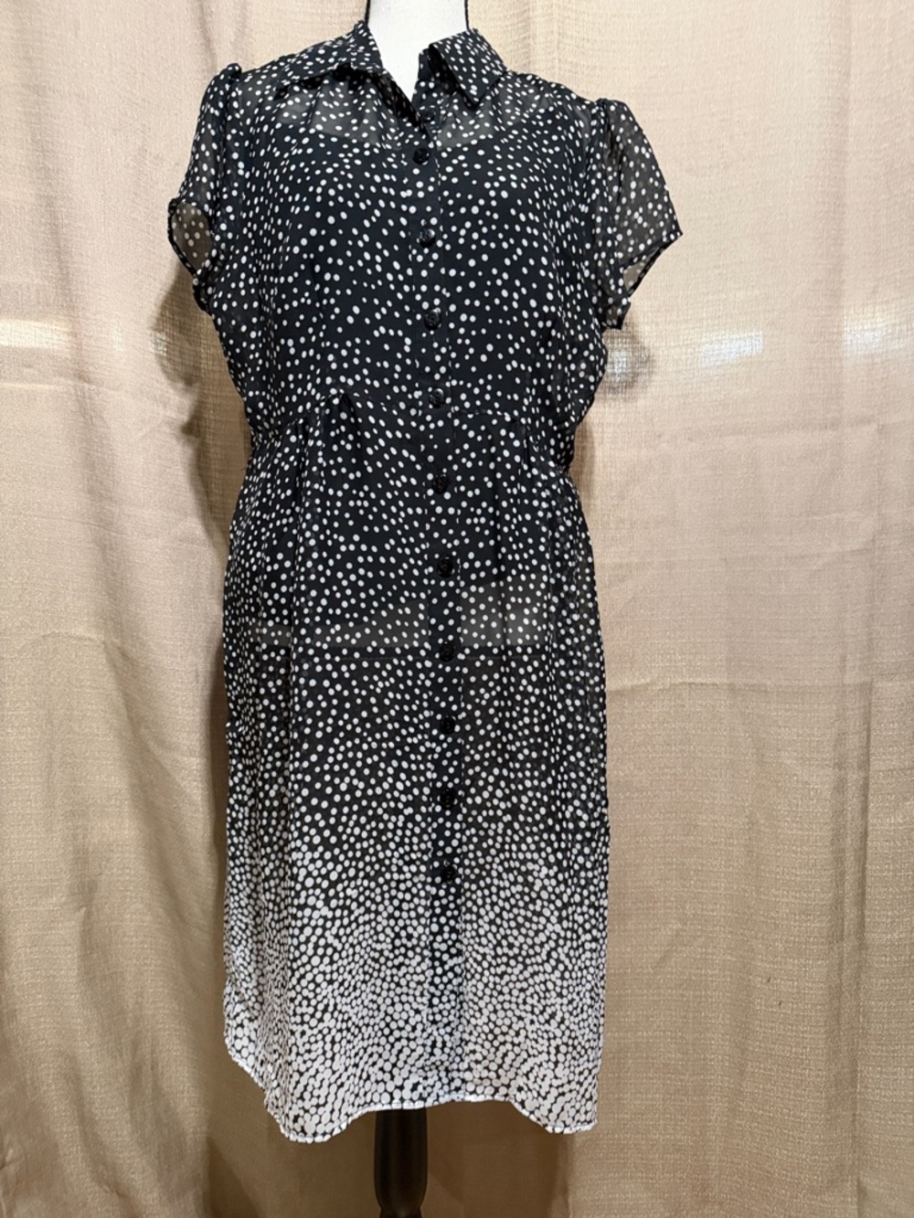 Aroma Studio Black & White Polka Dot Button-Front Midi Dress Sz 12